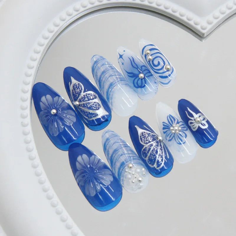 24pcs/set fake nails for women girls 3D embossed flowers cute pink blue leopard print Almond Square tips press on false nail