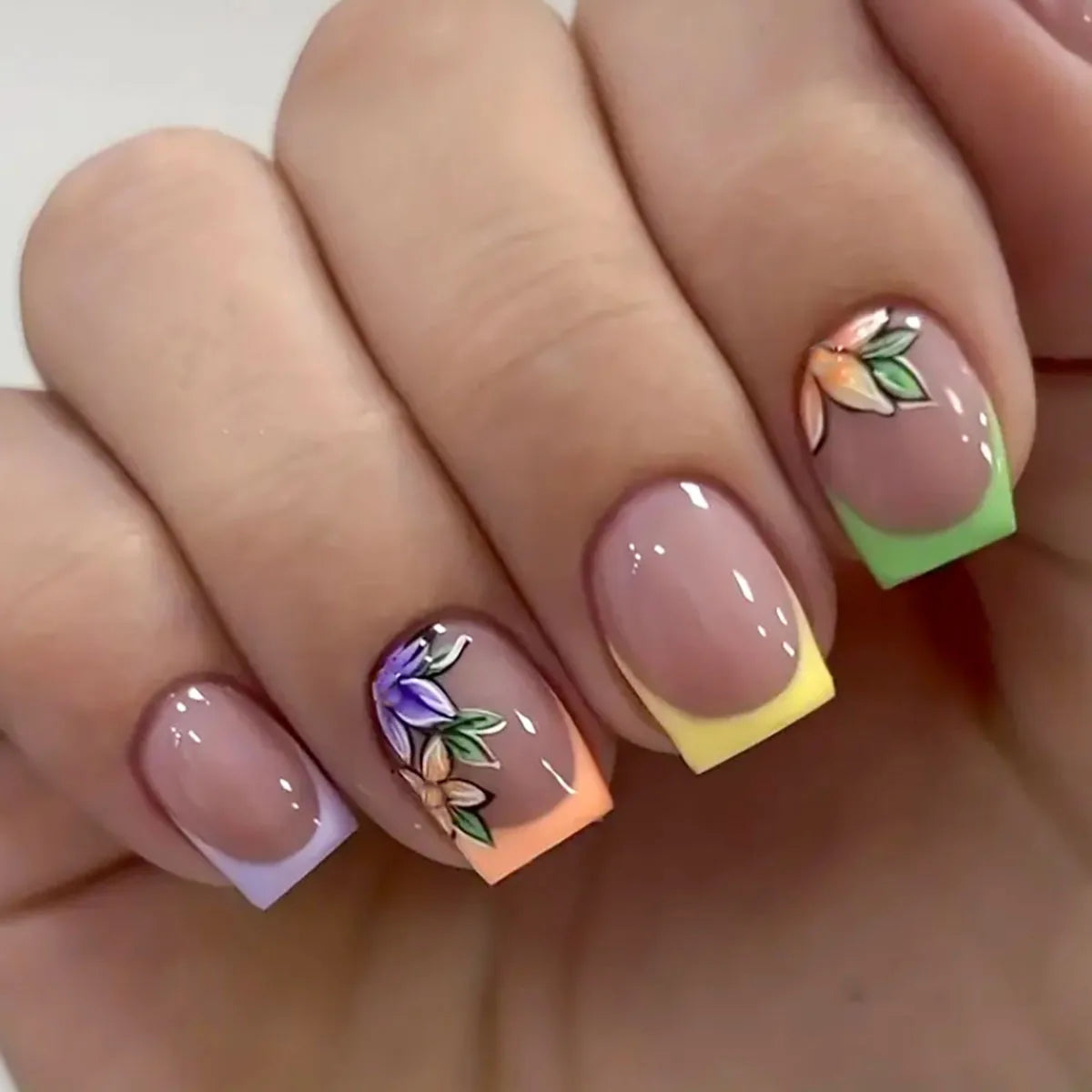 24Pcs Colorful French Press on Fake Nails with Glue Short Square Nail Art Tips Flower Design Wearable Full Cover False Nails