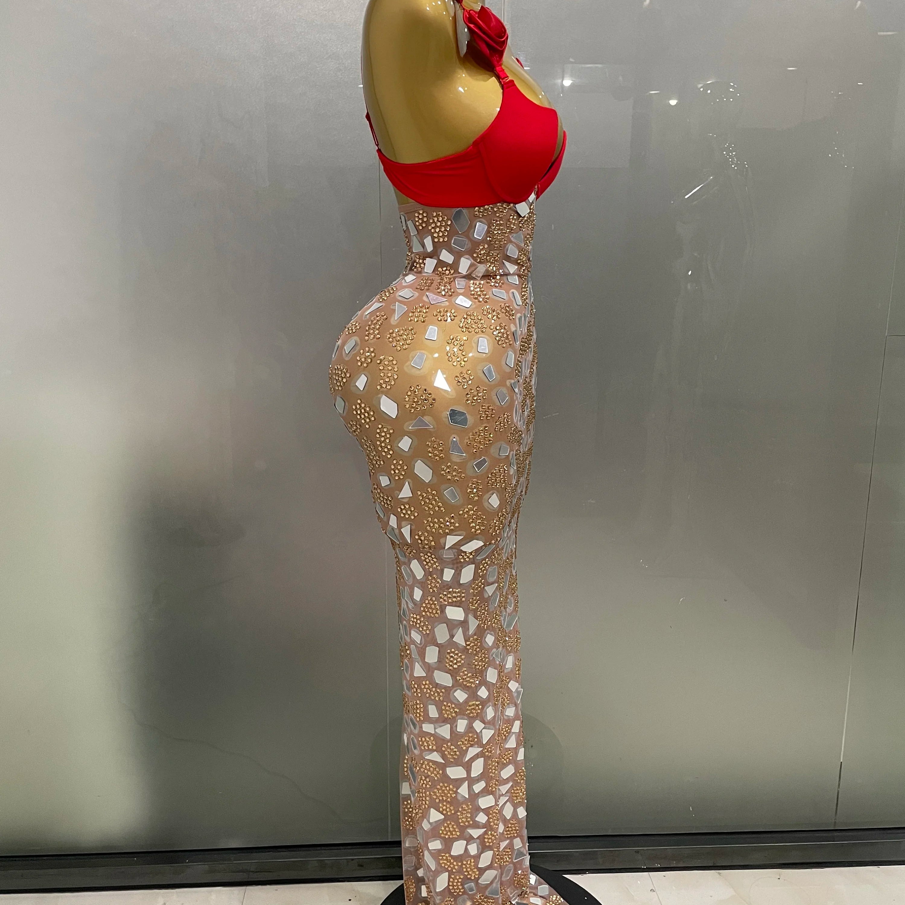 Sexy Sparkly Rhinestones Mesh Mirrors Red Roses Long Dress  2025 New Women Elegant Evening Party Club Stage performance Costume
