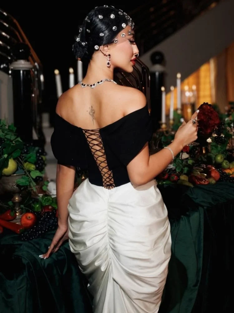 Women Sexy Slash Neck Off the Shoulder Laced-up Bodycon Floor-length Dress Evening Party Celebrate Cocktail Outfit