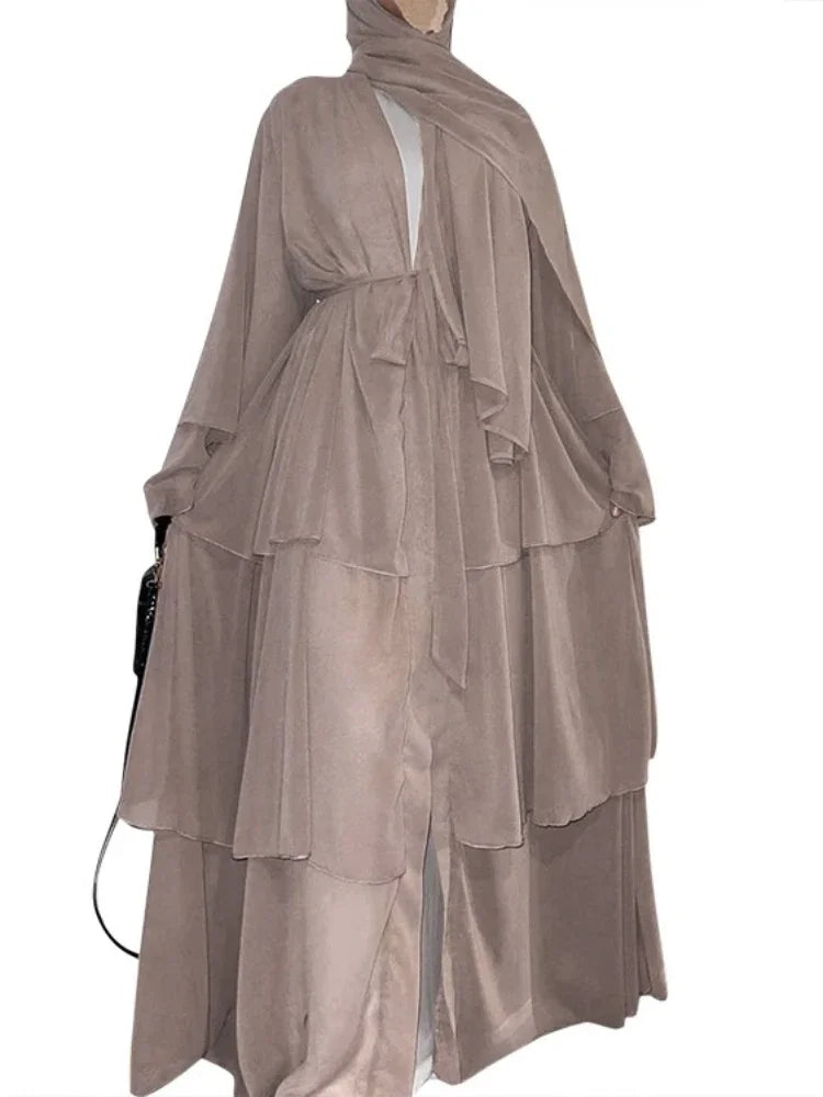New In Women Abaya NO SCRARF(Encrypted Chiffon)Elegant Muslim Stitching Three Layer Abaya Ruffle Sleeves Cardigan Marocain Dress Naked