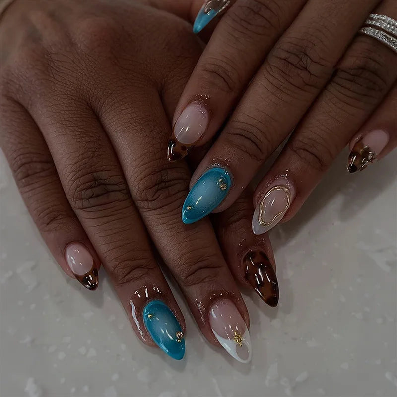 24Pcs Mid-length Blue Almond False Nails with 3D Shell Design Press on Nails Tips Butterfly Flower Pattern Datachable Fake Nail