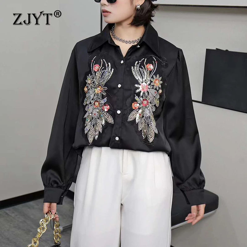 Beading Sequined White Satin Blouse for Womens Elegant Long Sleeve Korean Style Loose Shirt Tops Casual Daily Office Lady black
