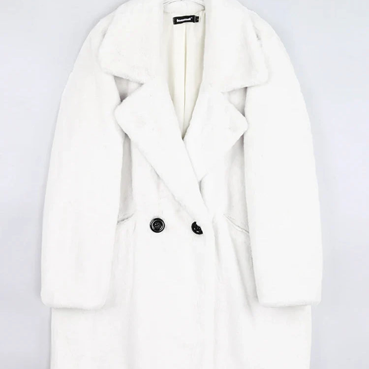 Winter Warm White Faux Fur Coat Women Long Sleeve Lapel Double Breasted Luxury Elegant Fluffy Fake Rabbit Fur Blazers White