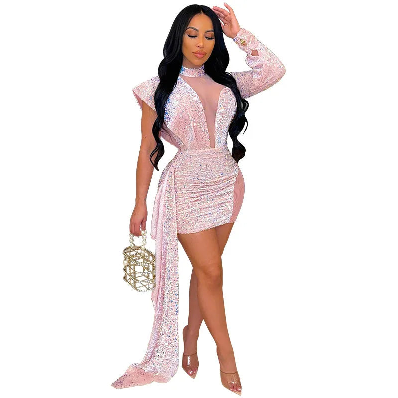 Women Sequin Mini White Dress Party See Through High Neck Sexy Long Sleeve Bodycon Tail Short Evening Elegant Dresses Pink