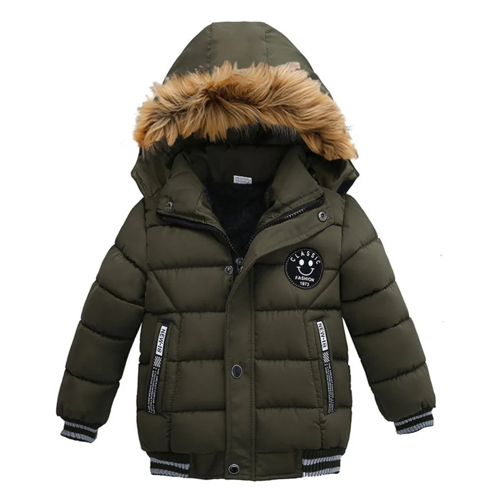 Winter Boys Jacket Warm Fur Collar Parkas Fashion Baby Girls Thicen Coats Hooded Zipper Casual All-match Outerwear Kids Clothes
