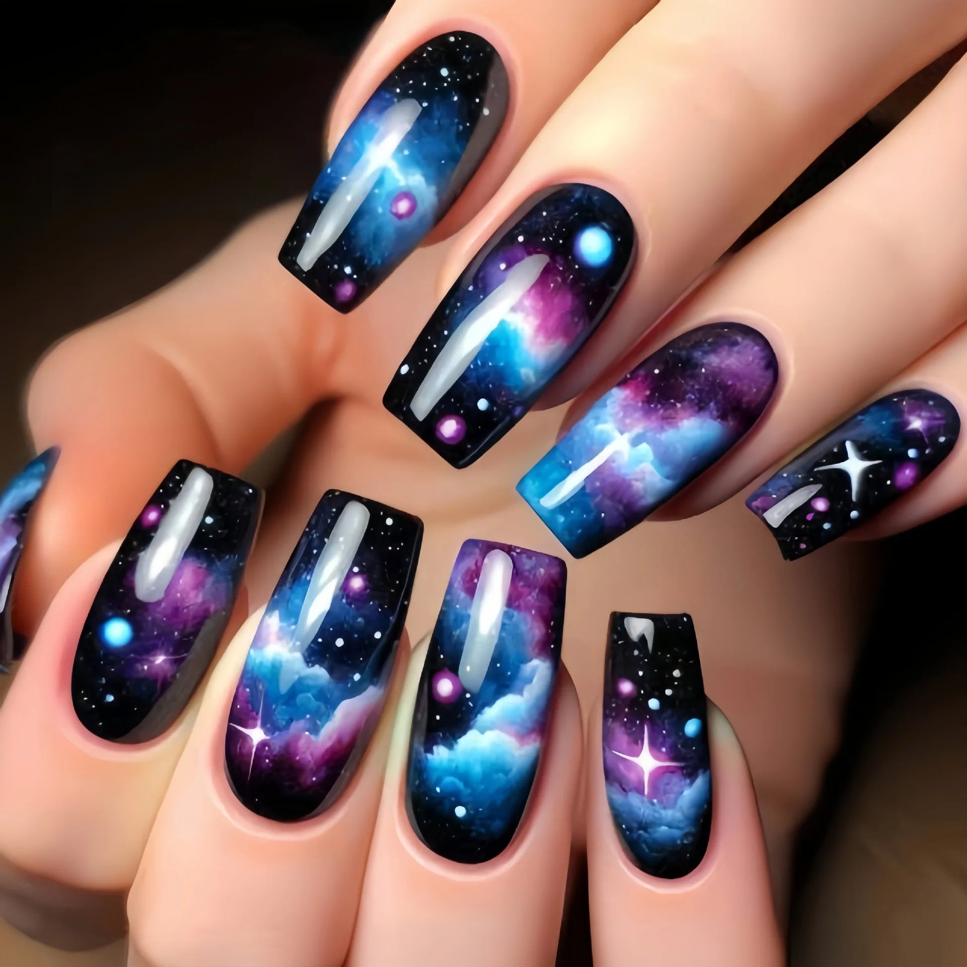 24Pcs Long Blue Fake Nails with Jelly Glue Full Cover Ocean Sunrise Press on Nails Detachable Acrylic Fashion Finished Manicure