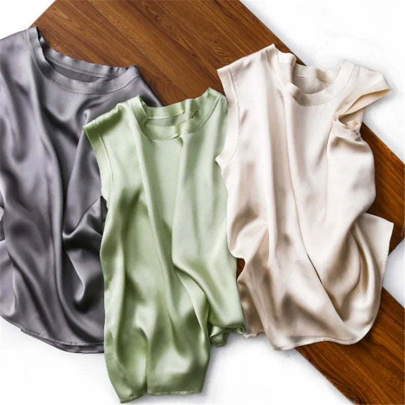 Women Korean Fashion Satin Office Lady Tank Top Summer ice Silk Tank Top Solid comfortable elegant wild shirt Black White Pink