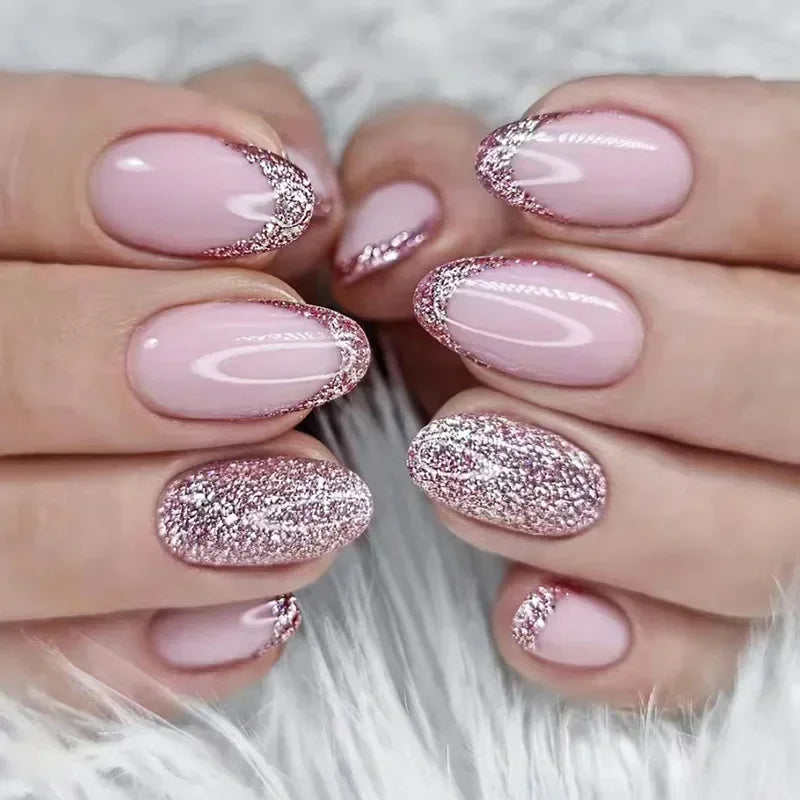 24Pcs Short Round Head False Nails Glitter Pink Almond Fake Nails Strawberry Full Cover Press on Nails Wearable Nail Tips