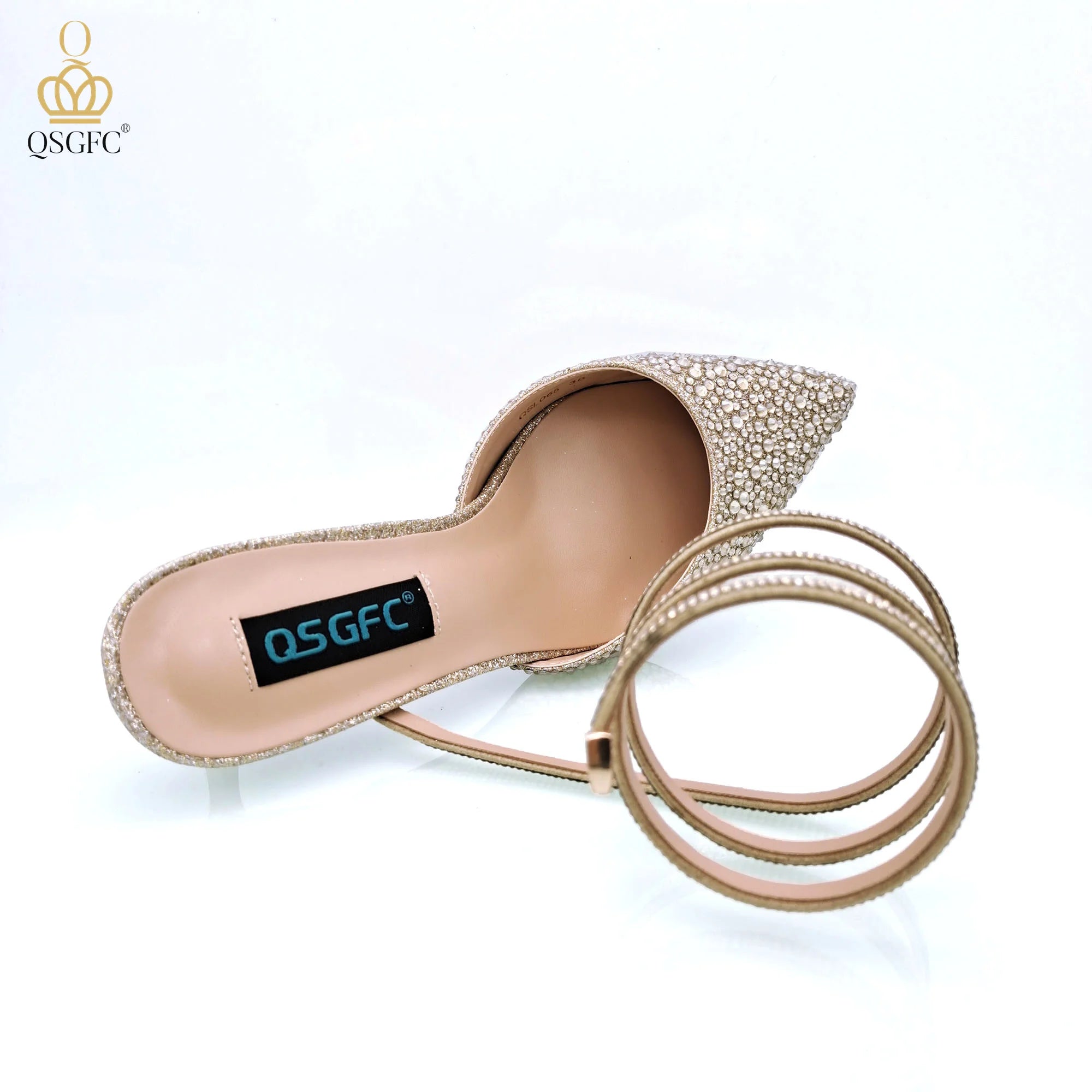 Gold Color Shine Luxury Design Heart Shaped Packet And Mid-heel Rhinestone Snake Wrap Strap Pointed Toe Shoes And Bag
