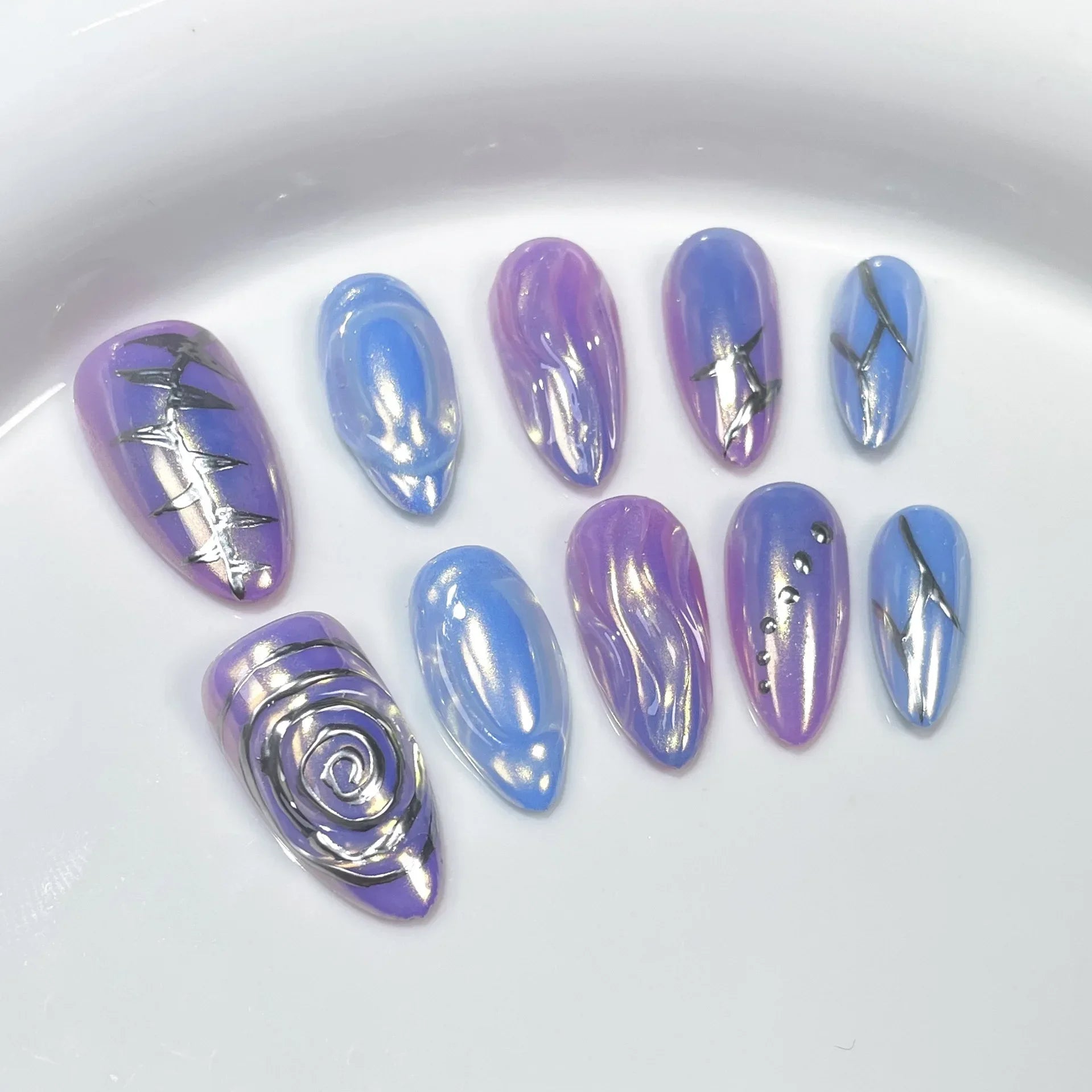 10Pcs Blue Handmade Almond Press on Nails French Design Rhinestone Full Cover Fake Nail Glitter Manicure Wearable Nail Tips Art