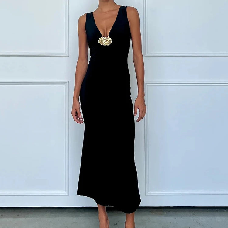 Elegant Deep V Neck Front Gold Clasp Sexy Maxi Dress For Women Black Gown Sleeveless Slim Fit Long Tank Dress Elegant