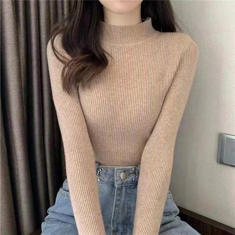 Winter Turtleneck Women's Sweater Knitted Pullover Soft Slim Long Sleeve Top Solid Color Basic High Neck Jumper Woman Clothing B-half neck-Khaki One Size(40-65kg)