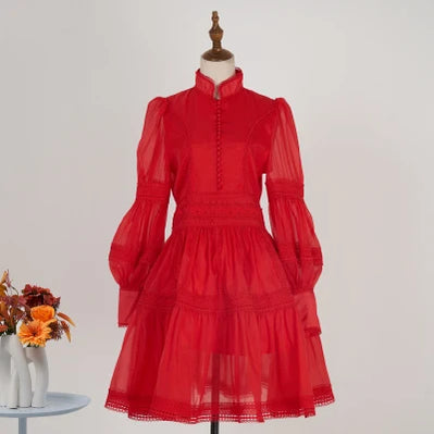 Runway Designer Embroidery Lace Patchwork Party Night Dress High Quality Lantern Sleeve Stand A Line Vintage Elegant Dress