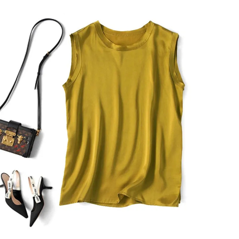 Women Korean Fashion Satin Office Lady Tank Top Summer ice Silk Tank Top Solid comfortable elegant wild shirt Black White Pink