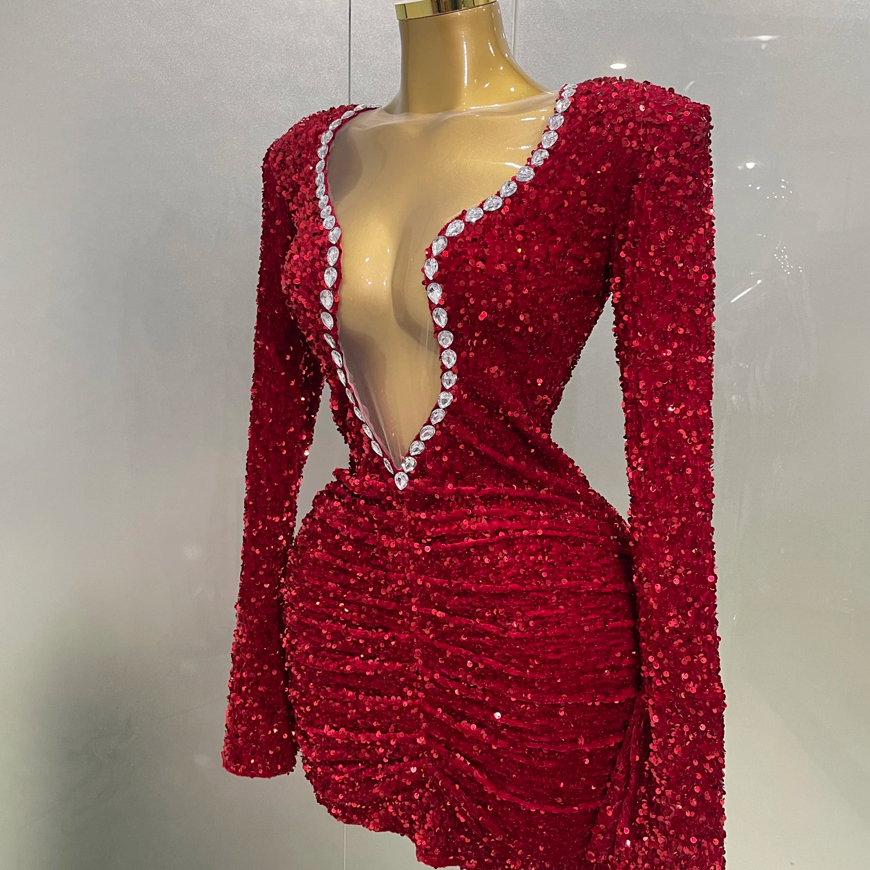 Sexy Shiny Red Sequins Rhinestones Sheath Mini Dress 2025 New Women Evening Birthday Party Nightclub Stage Performance Costume