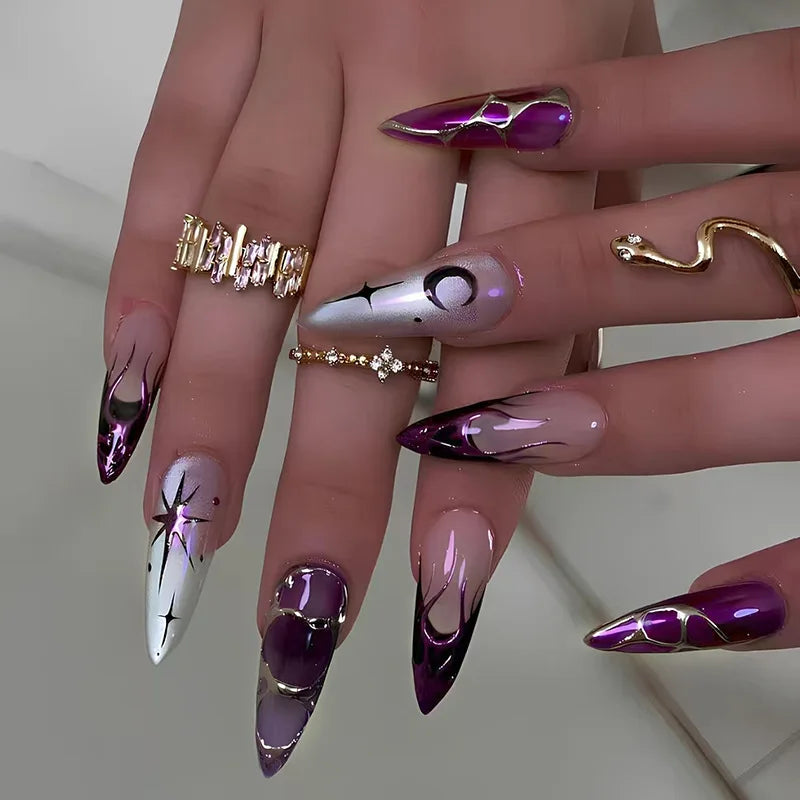 24pcs Punk Purple Press on Nails Star Moon Print y2k Style False Nails for Girl Wearable Reusable European Almond Fake Nail Tips