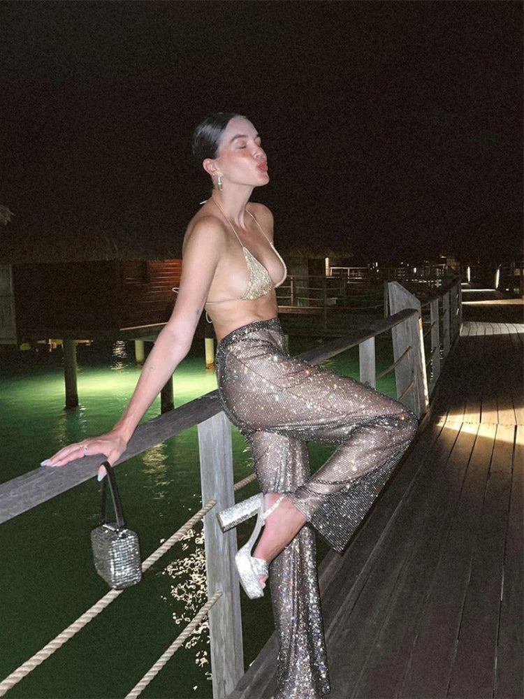 Fashion Sexy Glitter Crystal Diamonds Fishnet Women Pant See Through High Waist Pant Female Loose Hot Girl Party Clubwear