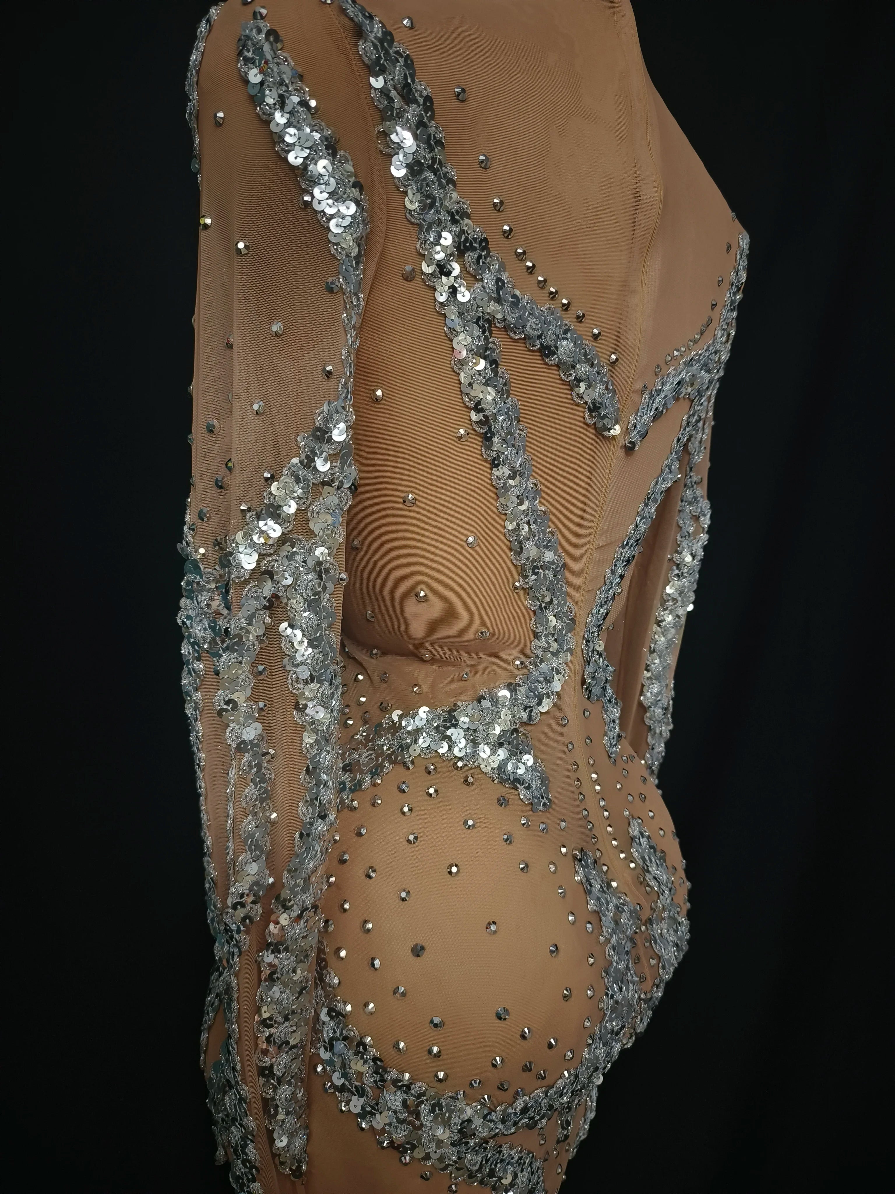 Women Sexy Mesh Crystal Nude Stretchy Long Sleeve Night Club See Through Singer Dancer tage Costume Mini Party Dress