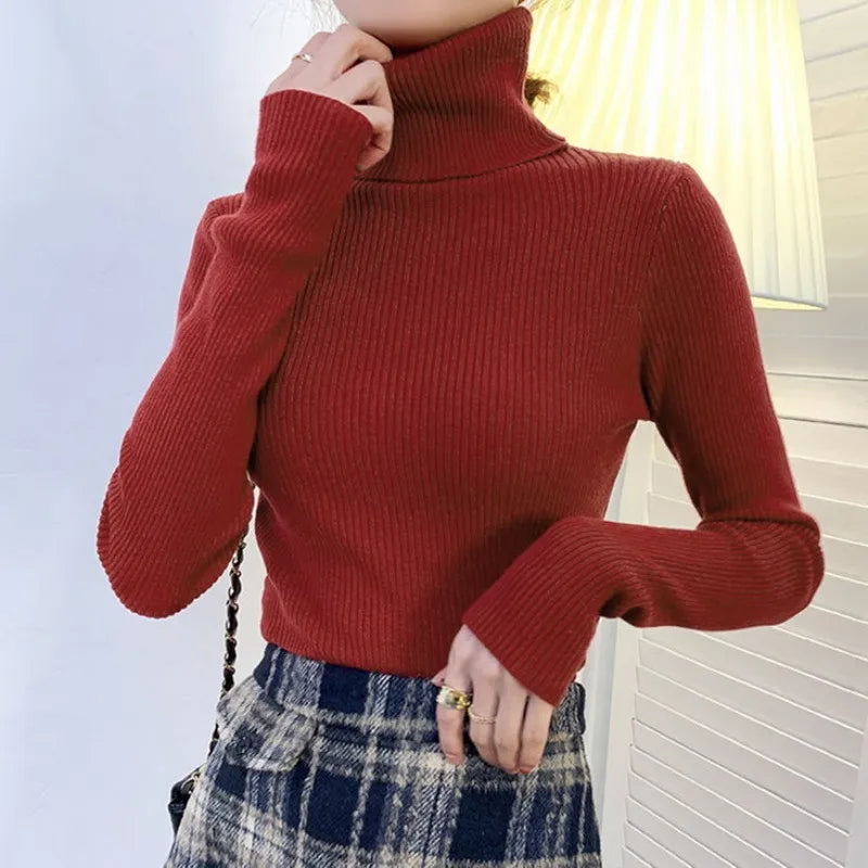 Winter Turtleneck Women's Sweater Knitted Pullover Soft Slim Long Sleeve Top Solid Color Basic High Neck Jumper Woman Clothing wine red-High neck One Size(40-65kg)