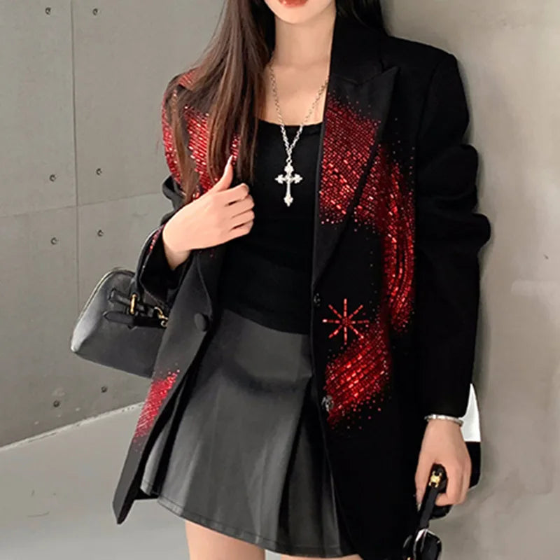 TWOTWINSTYLE Solid Loose Spliced Hot Fix Elegant Jackets for Women Lapel Long Sleeves Patchwork Button Jacket Female Fashion New