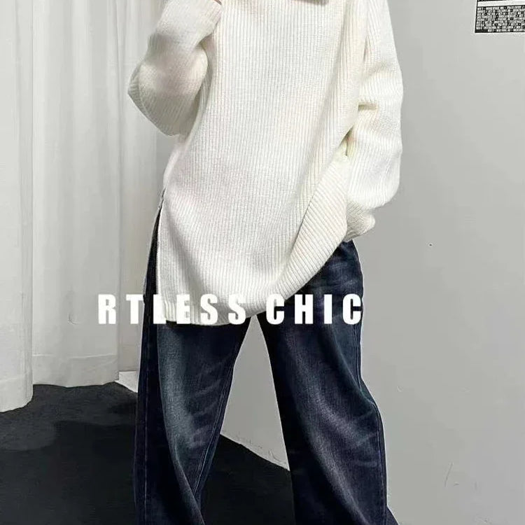 2023 Winter Women's Turtleneck Zipper Oversize Fashion Sweaters Autumn New Knitwears Loose Thick Warm High Neck Solid Pullovers