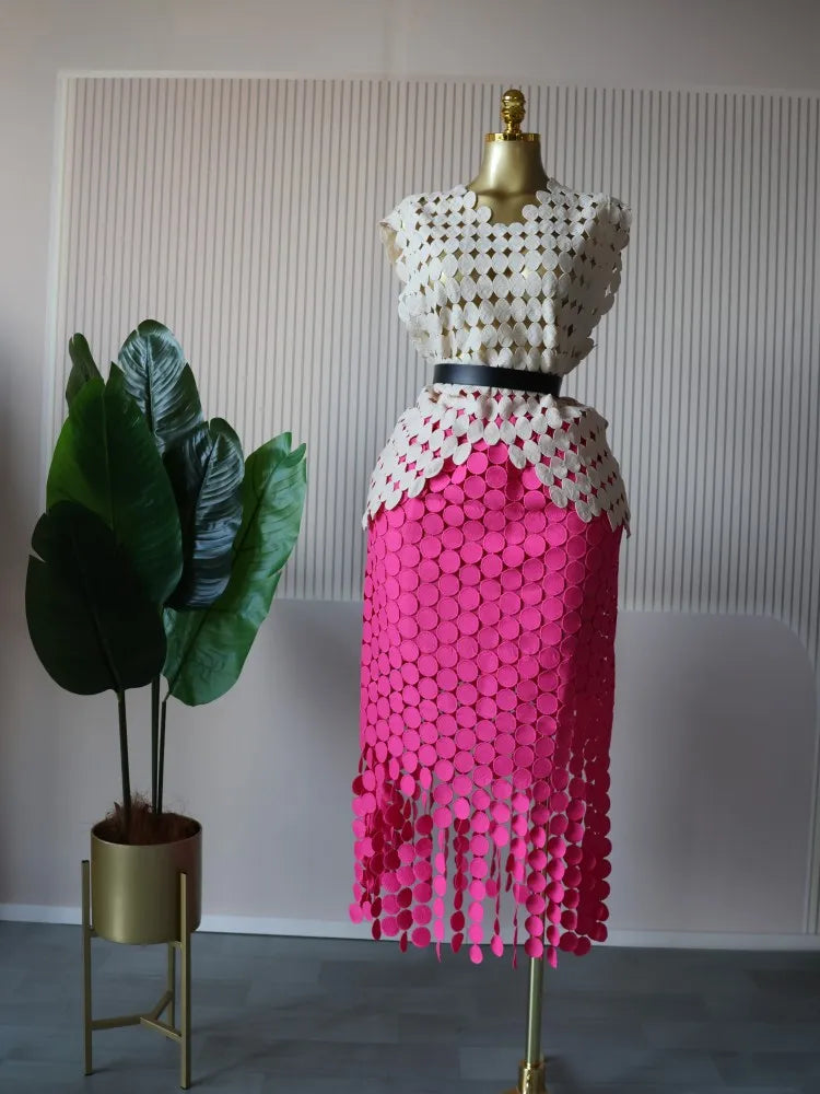 CM.YAYA Women Cutout O-neck Crop Top and Bodycon Midi Slim Maxi Long Skirt Suit 2025 Summer Vacation Sexy Two 2Piece Set Outfits Apric-Rose red--belt One Size