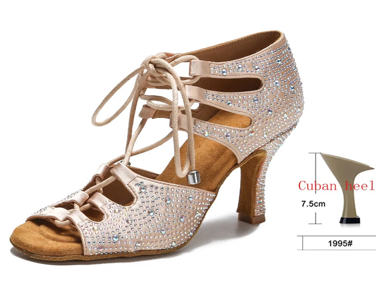 di seta donna scarpe da ballo latino fondo morbido sandali da donna Tango Party Dance Shoes scarpe da sposa con strass skin heel 7.5CM