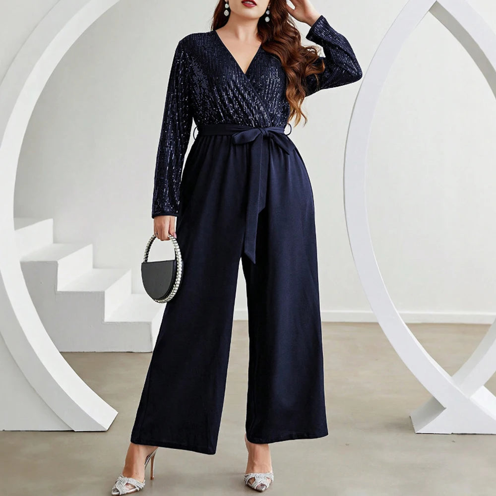 Plus Size Rafiah Women's Summer 2025 Sets Deep V-Neck Sequin Top Wide Leg Palazzo Pants Bow Tie Waist Evening Collection Sets