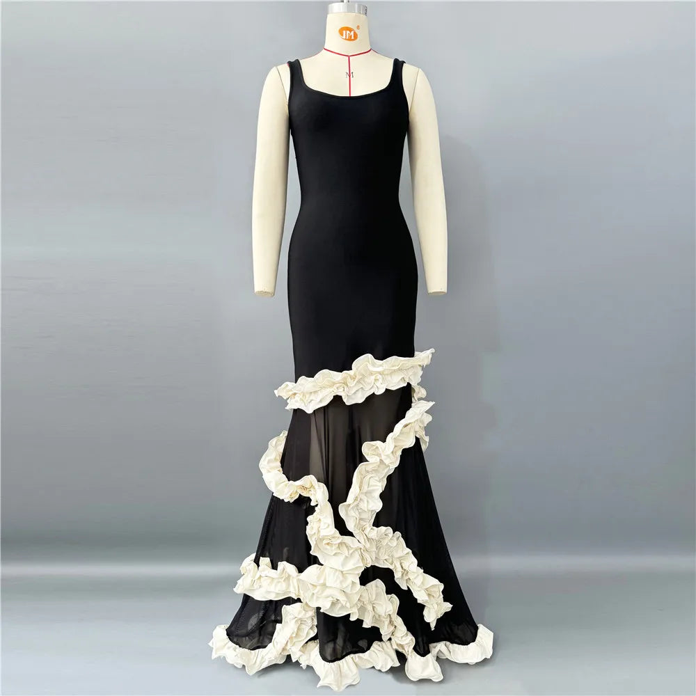 VC Artistic Black & White Strappy Dress Gown Ruffled Detailing for Creative Galas