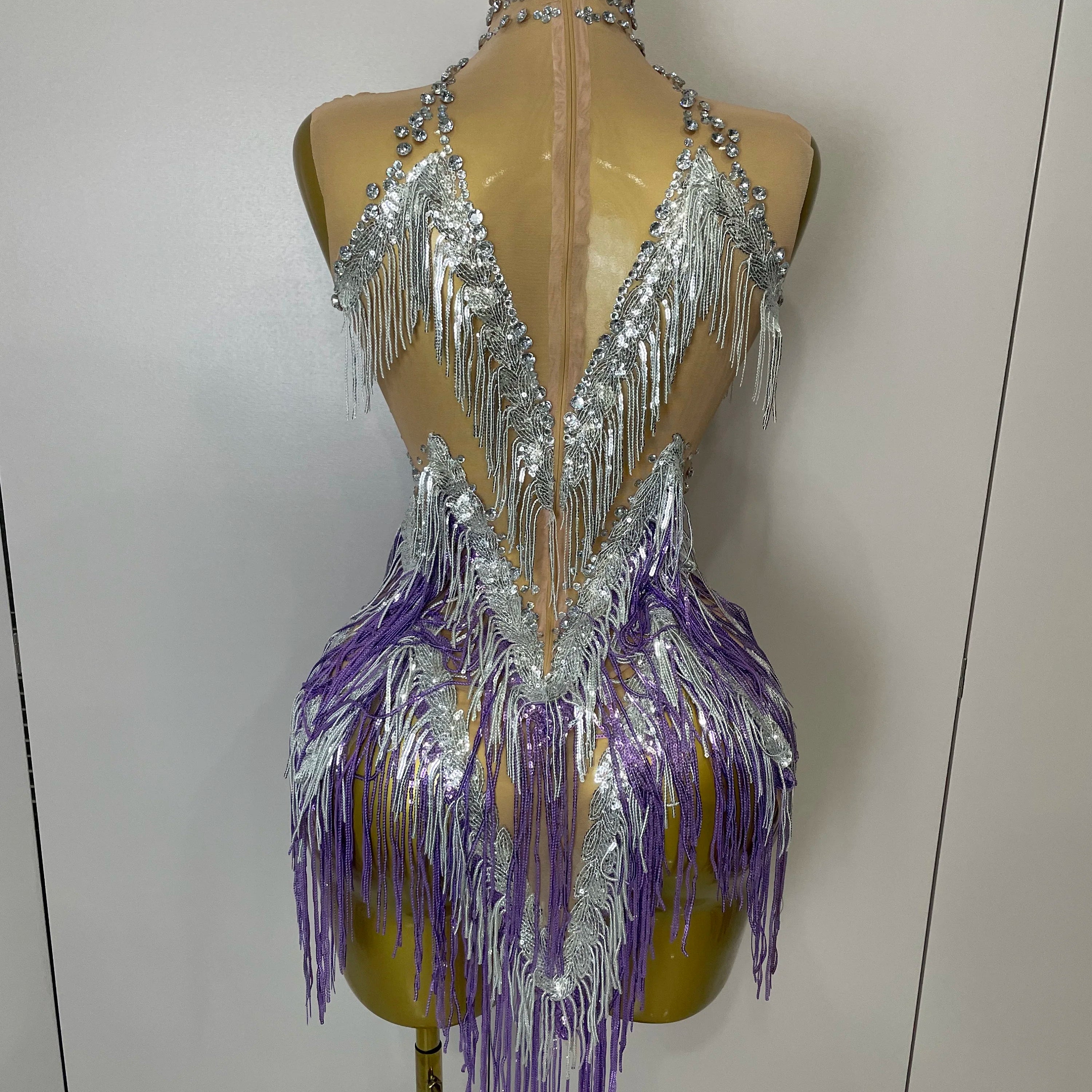 Stock 2025 Women Sexy Stretch Mesh Sparkly Rhinestone Tassels Mini Dress Nightclub Singer Dance Stage Costume Evening Gowns