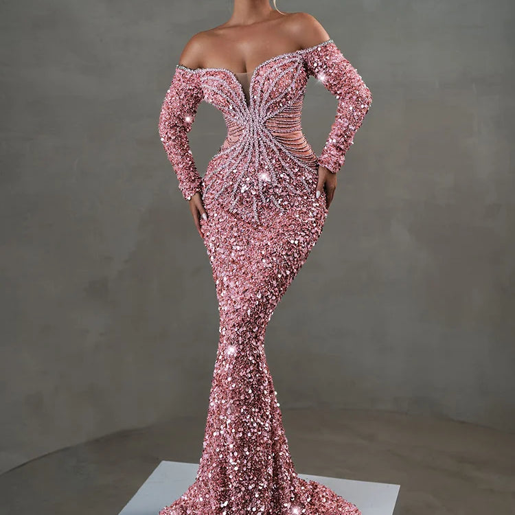 VC Pink Sparkly Sequins Long Dress Pearls Chains Design Off the Shoulder Long Sleeves Formal Occasion Mermaid Party Evening Gown