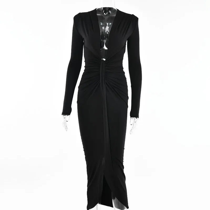 Elegant Pleated Casual Bodycon Long Dress Autumn Winter Women Slim Evening Party Robe Sexy Bandage Ladies Dress Black