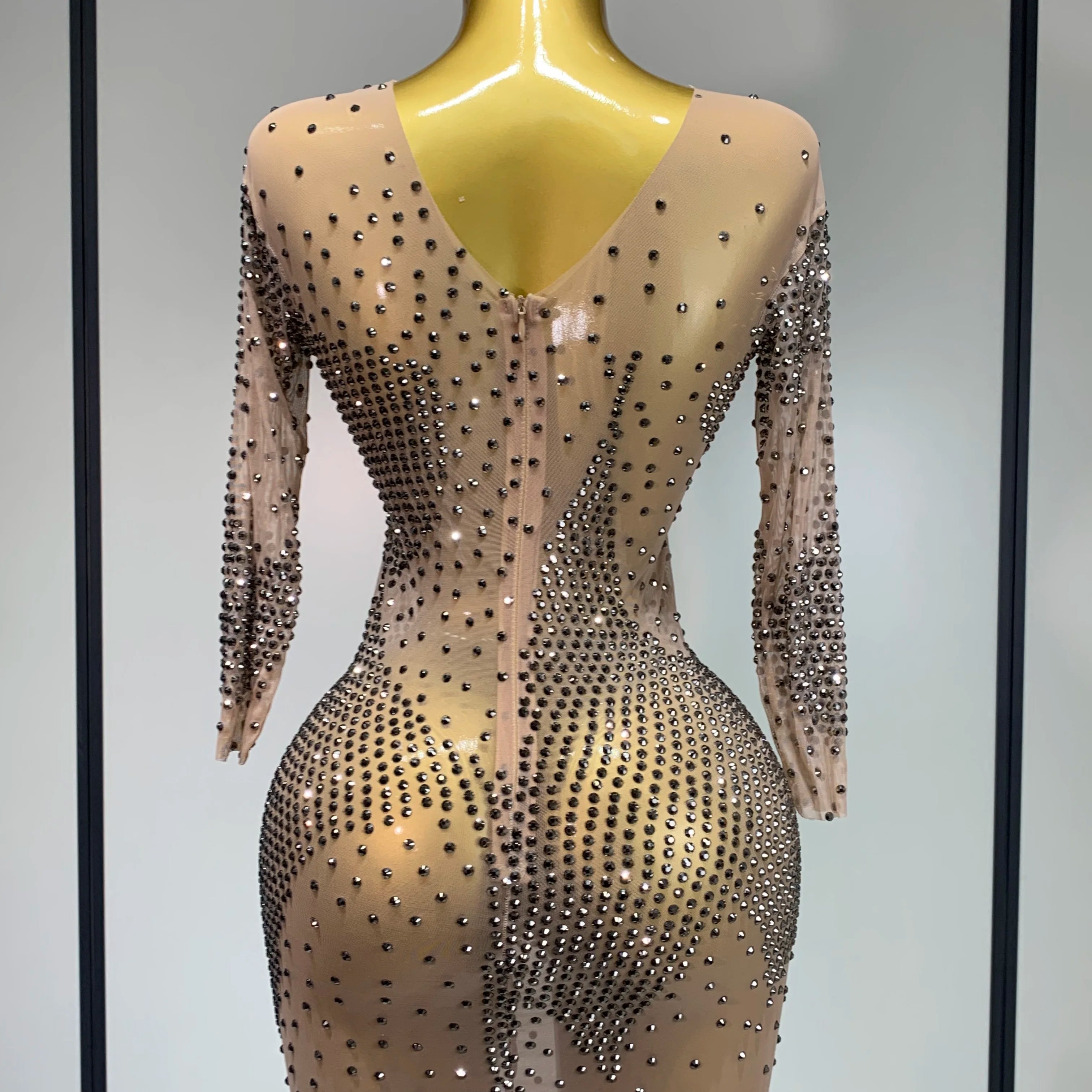 Luxury Birthday Rhinestones Half Sleeve Transparent Mini Dress Women 2025 Sexy Mesh Stretch Performance Celebrity Stage Wear