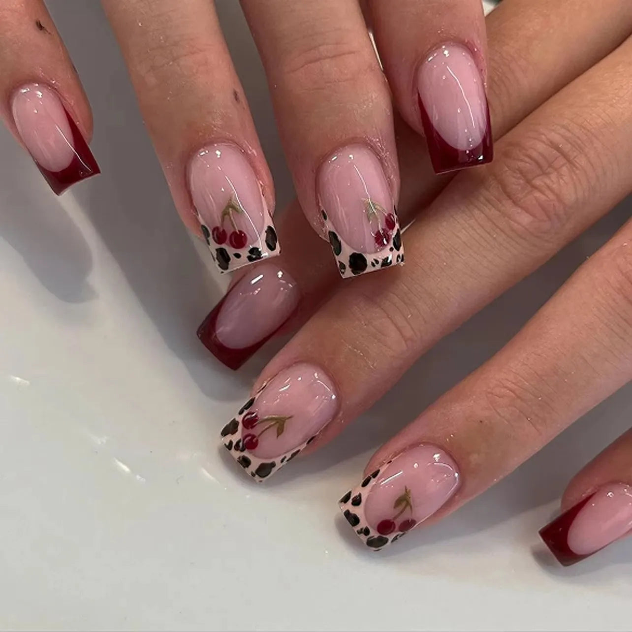 Cherry Leopard Print Almond Fake Nails Art Ballet Pointed False Nails Charms Flower Star Love Heart Press on Nails Manicure Tool