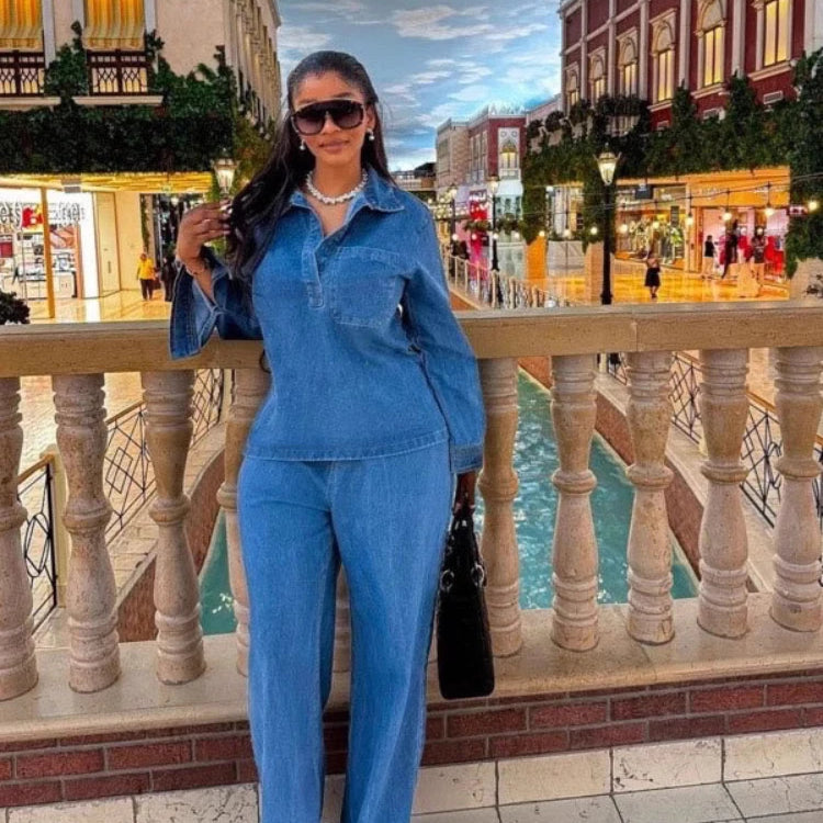 CM.YAYA Fashion Women's Set Long Sleeve Washed Denim Tops Shirts + Wide Leg Pants Suit 2025 Spring Street Two 2 Piece Set Outfit