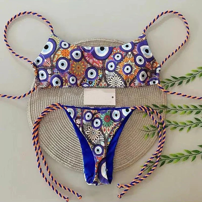 QINJOYER Pink Swimwear Women Brazilian Bikini Cute Heart Print Swimsuit Sexy Thong Bikini Set 2023 Bathing Suit Women Beachwear Eye of Demon