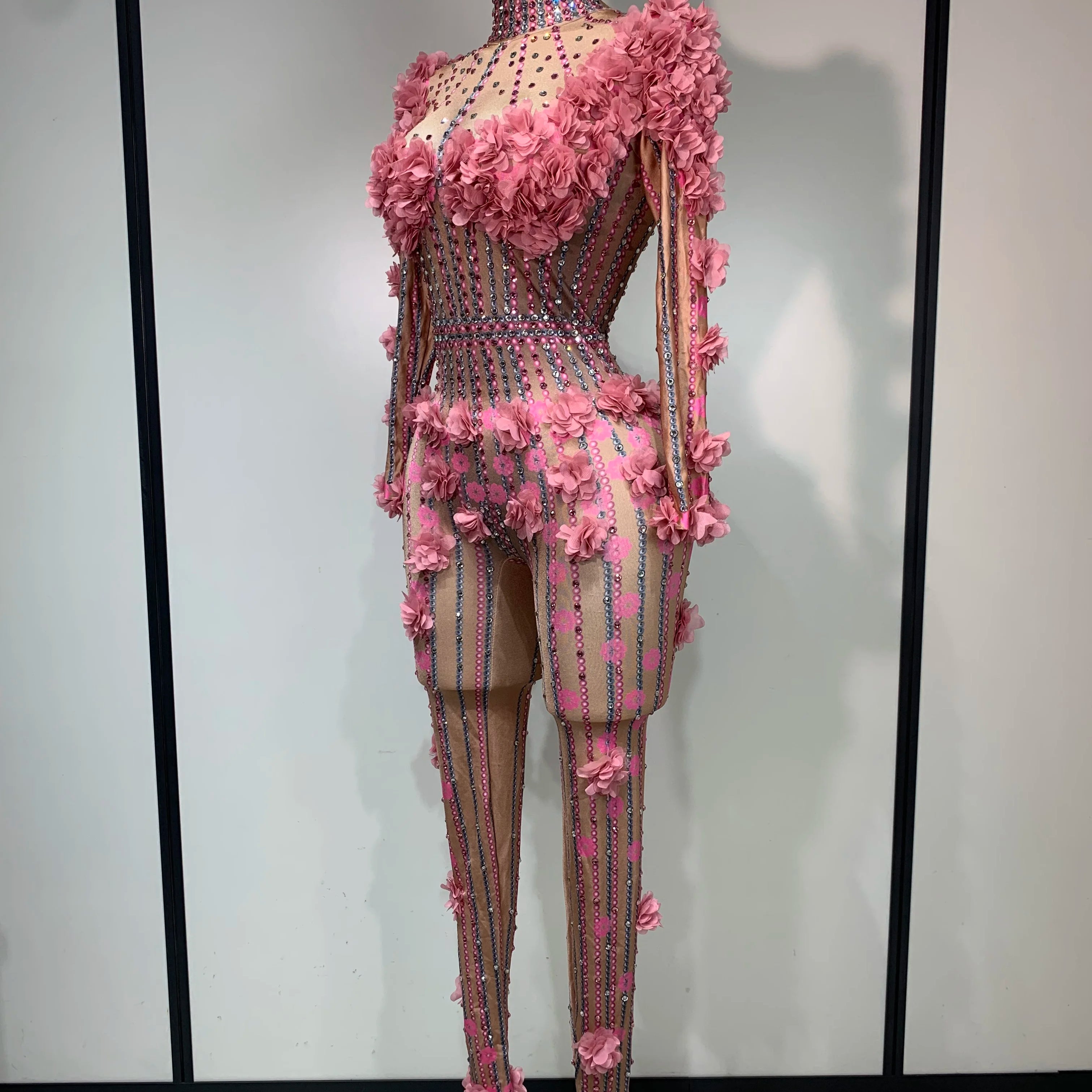 Sexy Skinny Rhinestones Flower Long Sleeve Bodycon Jumpsuit Women High Street Nightclub Birthday Performance Dance Stage Outfit
