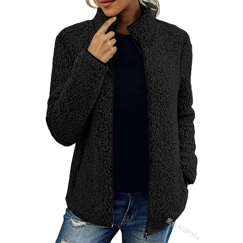 Women Solid Fleece Jackets Casual Fashion Stand Collar Coat Female Long Sleeve Zipper Outerwear Lady Clothes Autumn Winter Black
