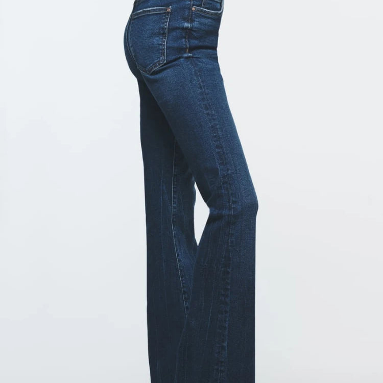 Woman's High Waist Flare Jeans Autumn Washed Effect High Rise Five Pocket Zip Button Closure Stretch Flared Legs Jeans