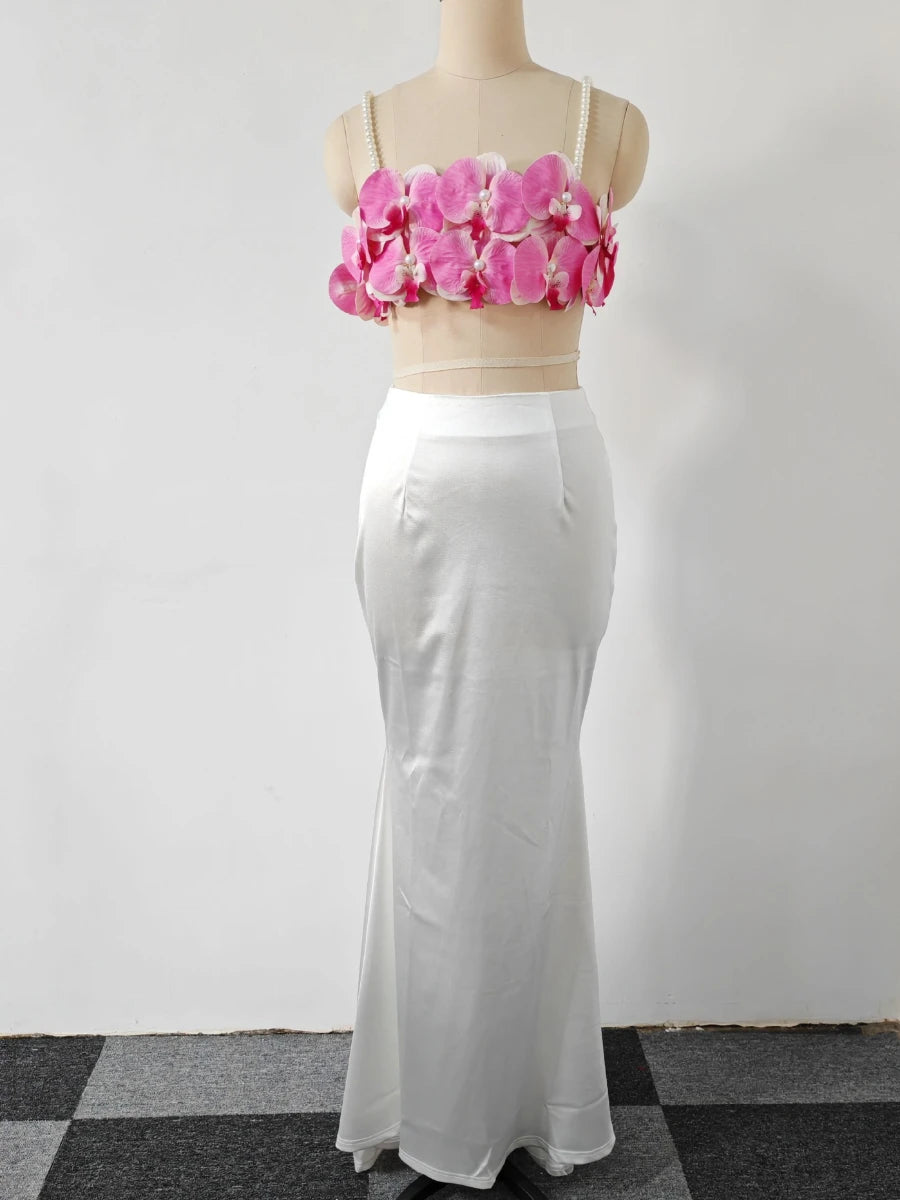 TWOTWINSTYLE Hit Color Spliced Applique Two Piece Sets for Women Square Neck Sleeveless Vest High Waist Skirt Elegant Set Femlae