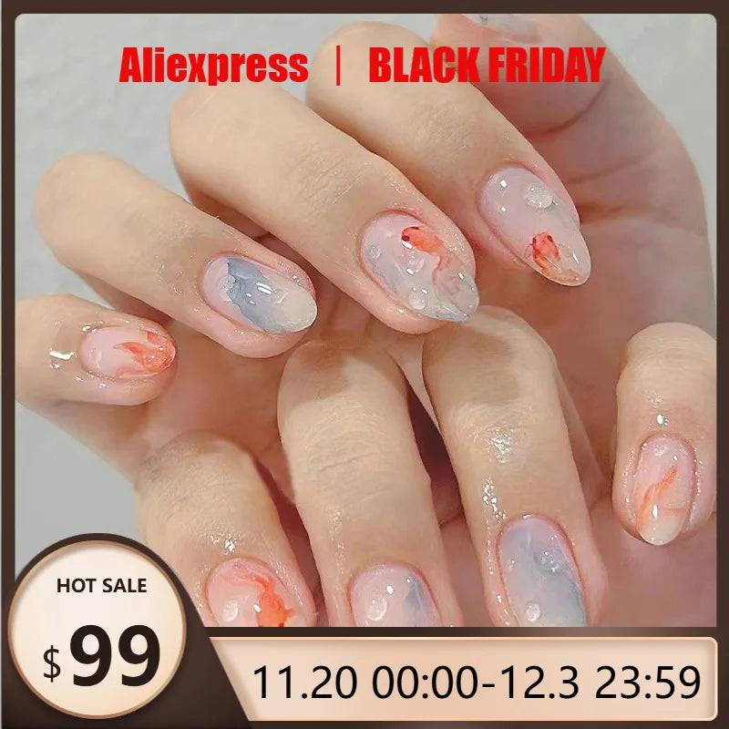 24pcs Ins Simple False Nails Goldfish Pattern Almond Fake Nail Wearable Detachable Simple Nude Pink Press On Nails Manicure Set