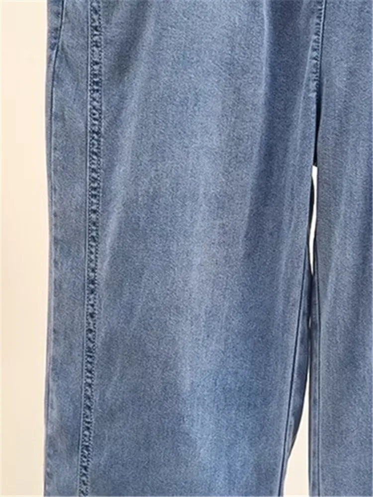 Plus Size Women's Clothing Denim Elasticated Waist Summer Thin Washed Jeans Fatty Wide-Legged Trousers For Obese Ladies Wear