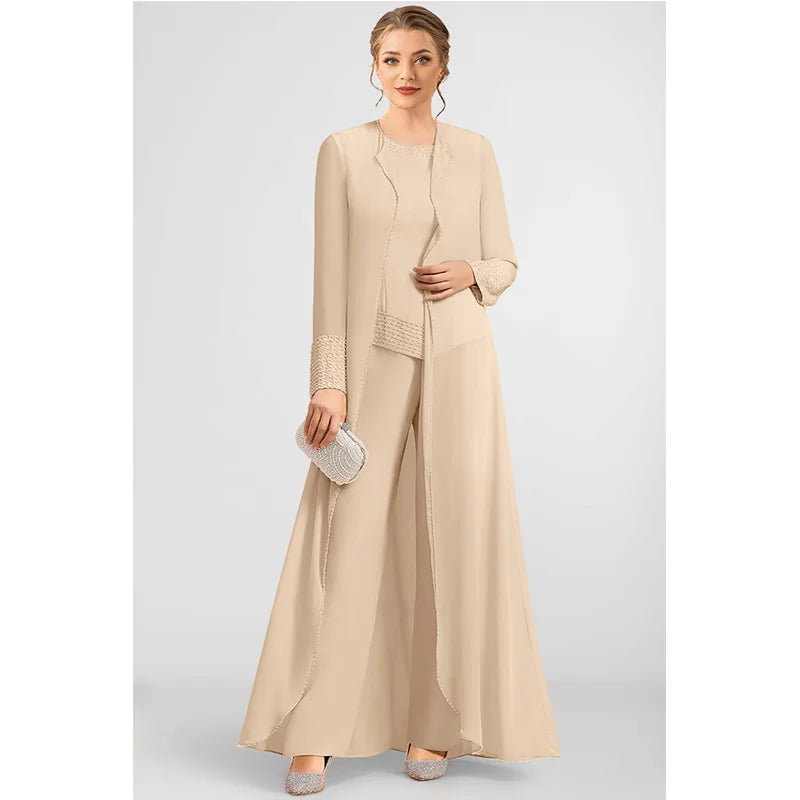 Flycurvy Plus Size Mother Of The Bride Apricot Sequin Embellishment Chiffon Wide Leg Three Piece Pant Suit