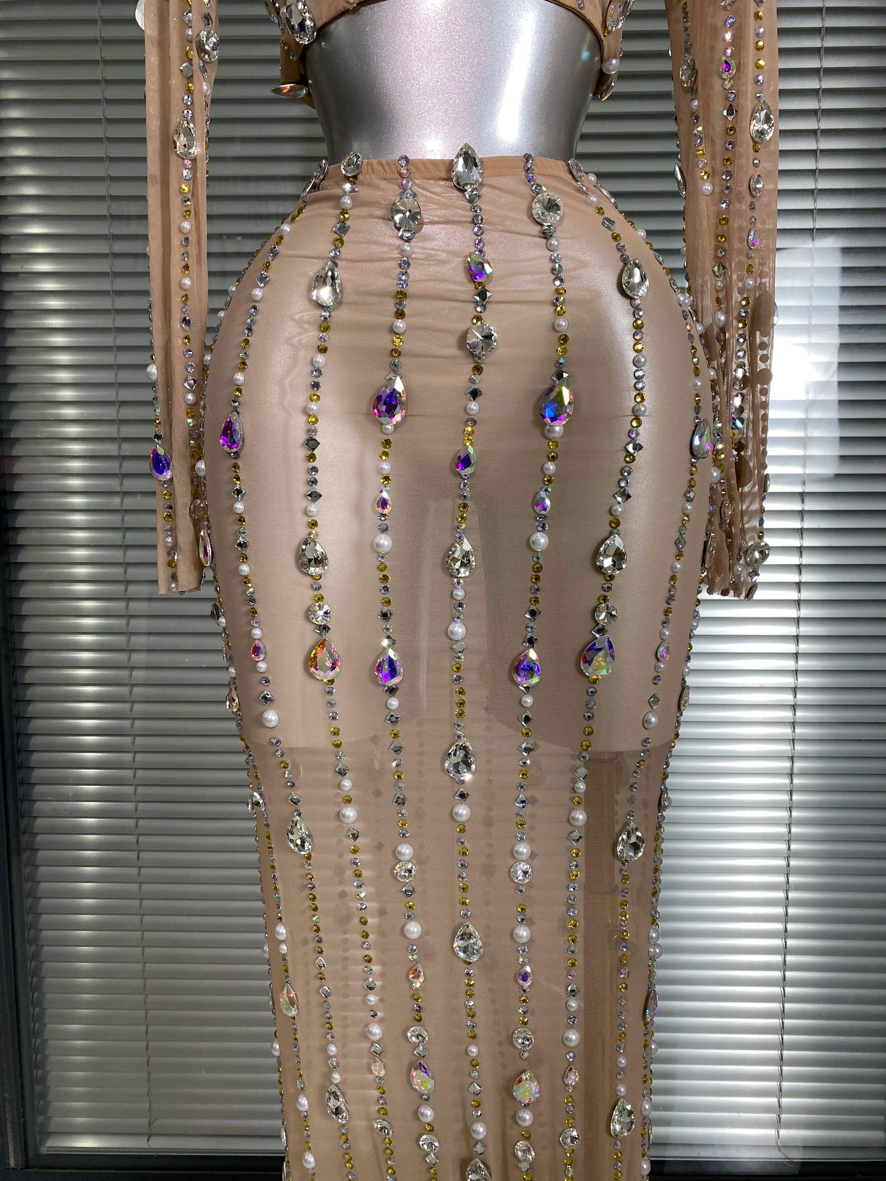 New Sexy Two Pieces Set Women Celebrity Crystal Diamond Night Club Skirt Suits Singer Dancer Tassel Stage Performance Costume