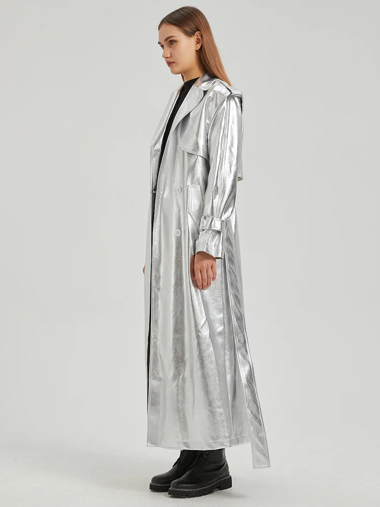 Autumn Extra Long Gold Shiny Patent Pu Leather Trench Coat for Women Single Breasted Luxury Designer Overcoat 2024 Silver