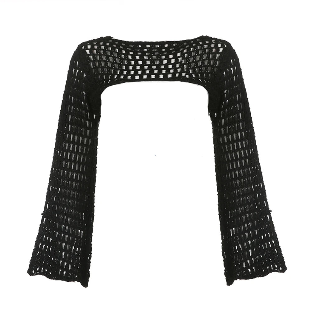 Women Y2k Crochet Knit Hollow Out Crop Top Long Flared Sleeve Shrug Sweater Mesh Cover Ups Cardigan Streetwear Pullover Women