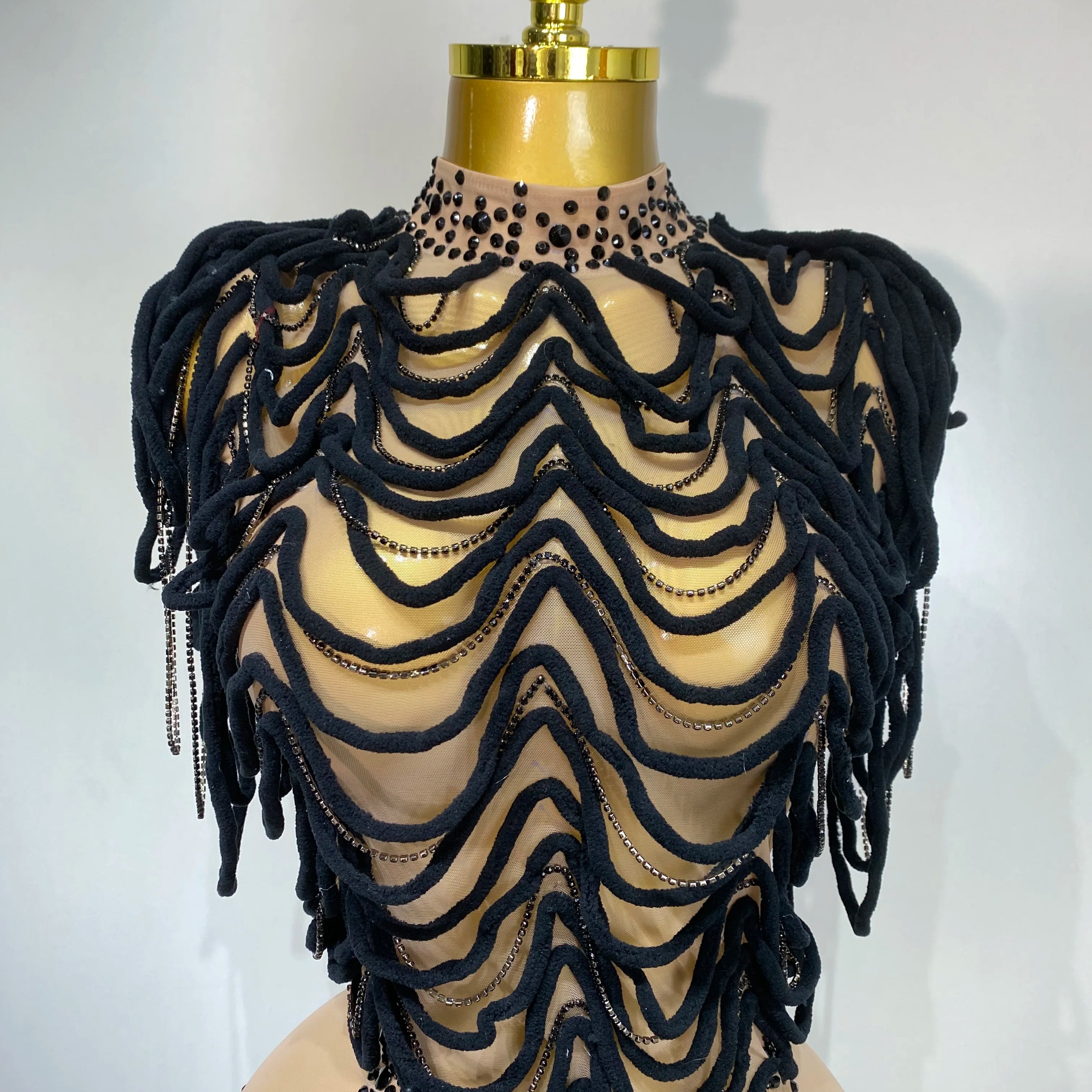 Women Sexy Fashion Short Dress Mesh Designer Rhinestones Chain Stage Costume Nightclub Celebrate Party Performance Outfit