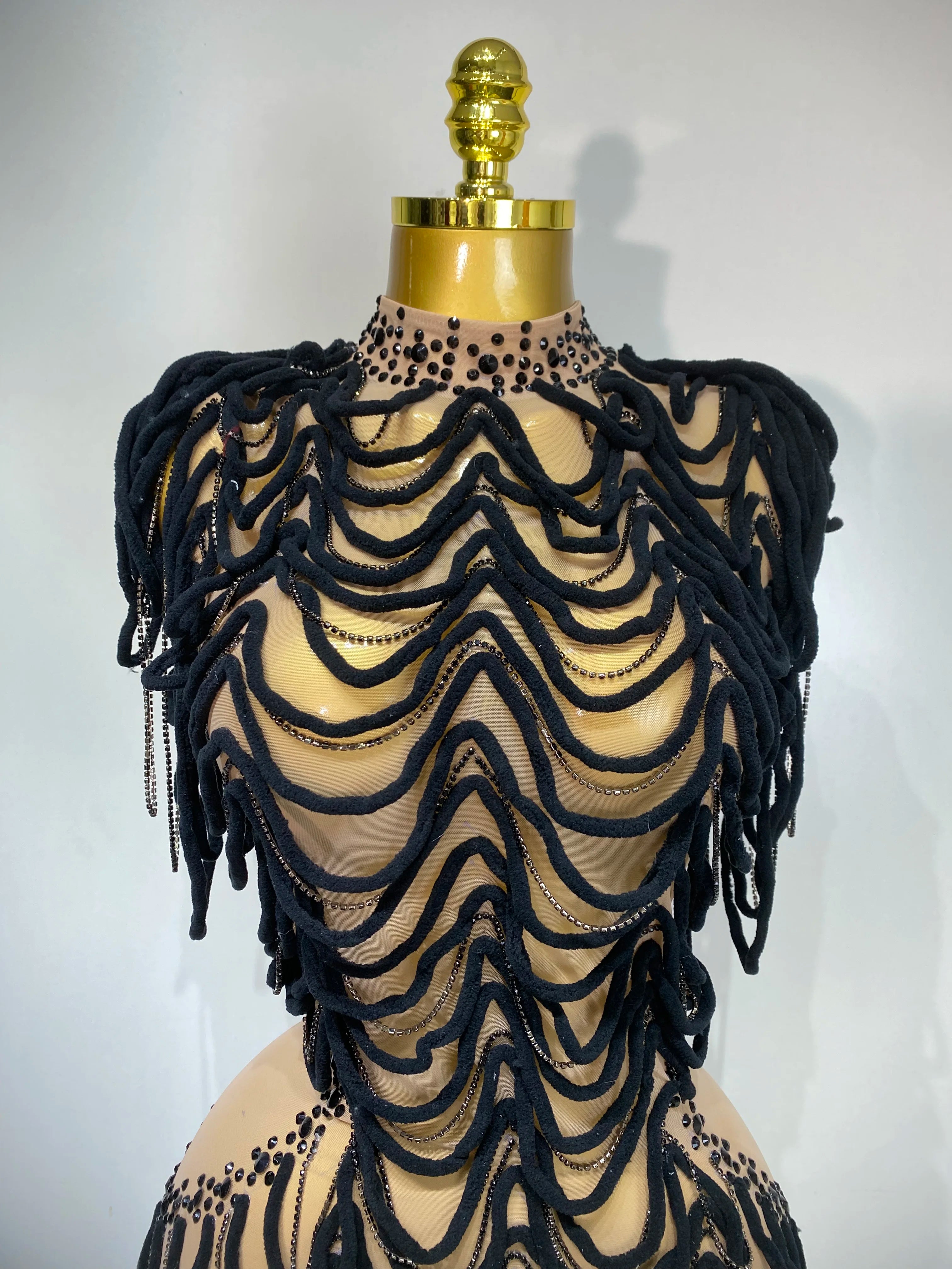 Women Sexy Fashion Short Dress Mesh Designer Rhinestones Chain Stage Costume Nightclub Celebrate Party Performance Outfit