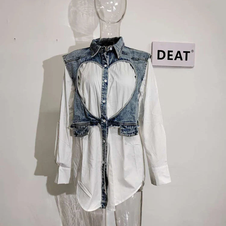 DEAT Fashion Women's Denim Shirt Lapel Loose Hollow Out Single Breasted Denim Splice Fake Two Pcs Blouse Summer New 17A8112 White
